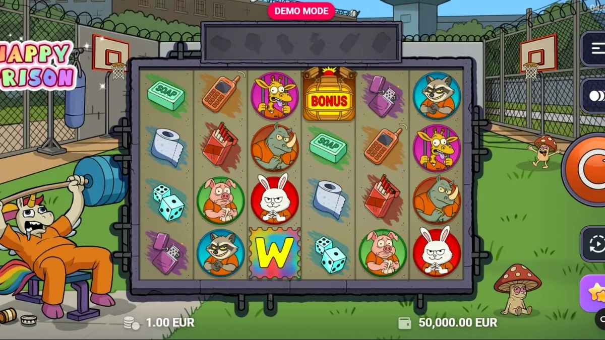 Tampilan visual slot Happy Prison dengan tema penjara kartun yang unik